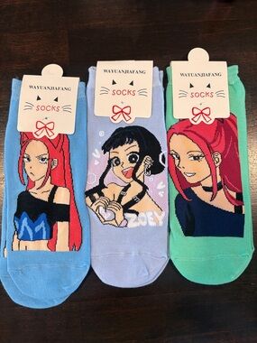 K-POP Cute Anime Character Socks - Blue, Lavender, Mint (3 Pairs)